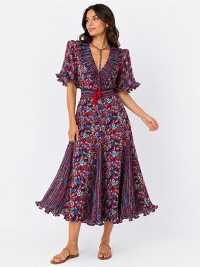 Rare 80s Diane Freis Red Butterfly Floral Georgette Dress Ruffle Tassel Smocked